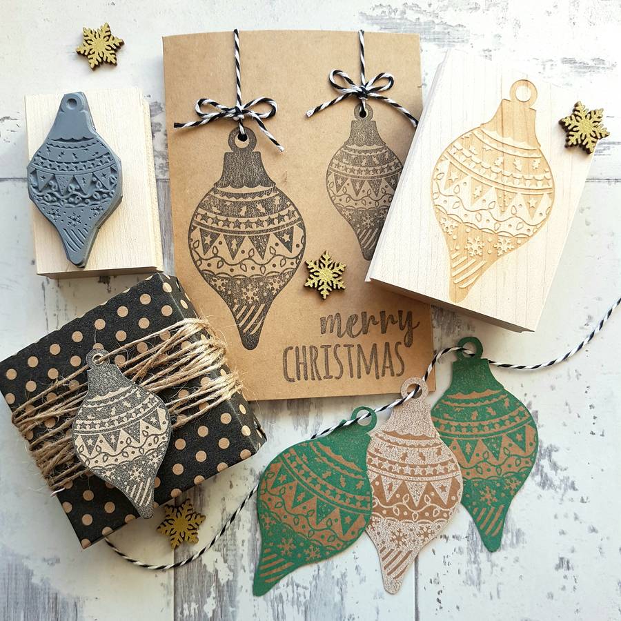 Christmas Pattern Drop Bauble Rubber Stamp, 1 of 2