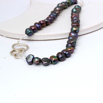 Statement Peacock Pearl Necklace With Three Silver Rings, 5 of 7