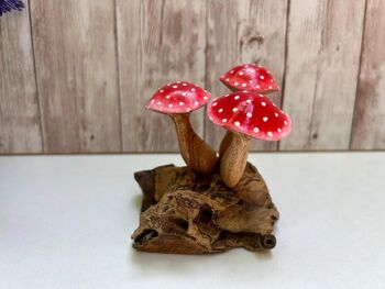 Handcrafted Red White Agaric Mushrooms On Teak Root Ornament, 2 of 6