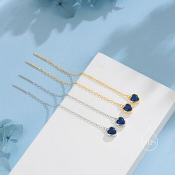 Tiny Sapphire Blue Cz Heart Threader Earrings, 7 of 11