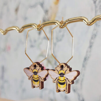 Bee Charm Gold Plated Hexagonal Hoop Earrings, 4 of 7