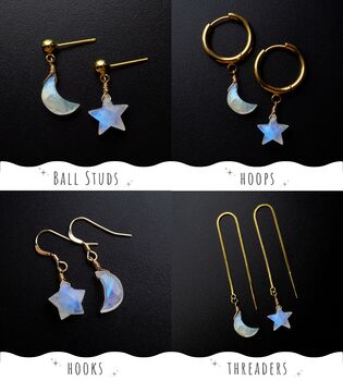 Moonstone Moon And Star Threader Earrings, 4 of 12