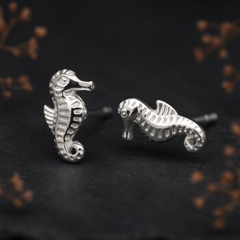 Sterling Silver Seahorse Stud Earrings, 2 of 9