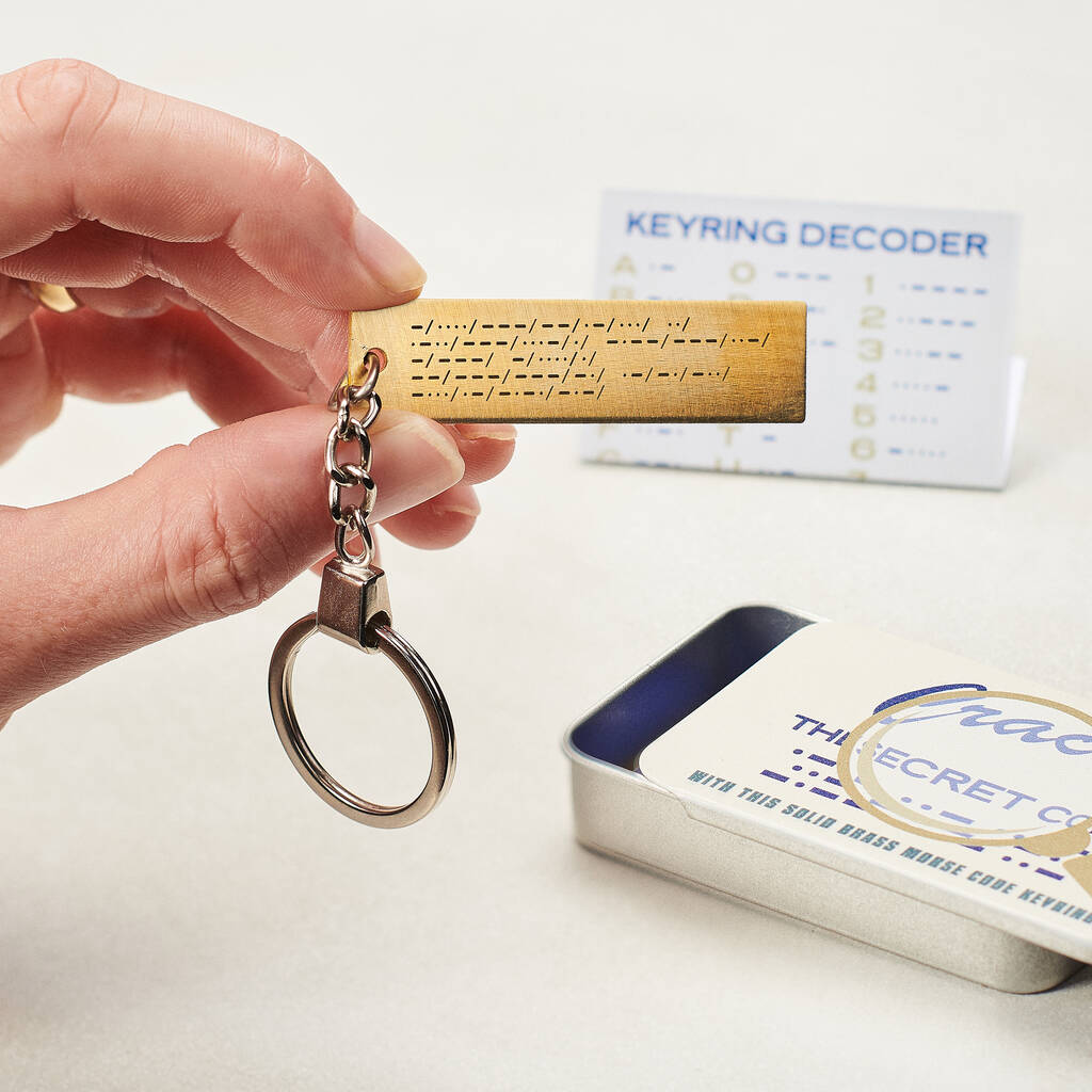 Personalised Morse Code Brass Keyring And Decoder In A Tin, 1 of 6
