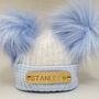 Baby Blue And White Striped Newborn Pom Pom Baby Hat, thumbnail 1 of 7