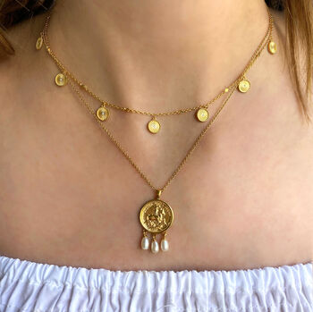 Gold Plated Engraved Coin Necklace With Pearls, 3 of 3