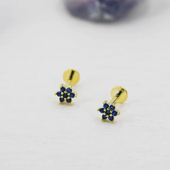 Sterling Silver Tiny Sapphire Blue Cz Flower Internally Threaded Flat Back Earrings, 4 of 10