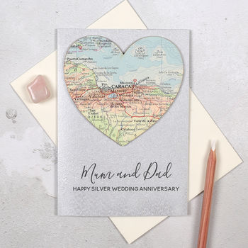 Personalised Map Heart Silver Wedding Anniversary Card, 6 of 8