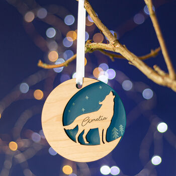 Starry Wolf Wood Personalised Christmas Decoration, 4 of 9