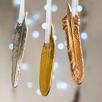 Set Of Three Metallic Feather Decorations – Porcelain Christmas Ornaments, 2 of 6