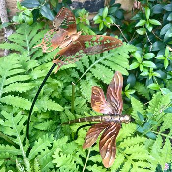 Set Of Two Copper Insect Garden Stakes – Butterfly And Dragonfly On Curved Poles, 4 of 7