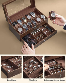 Two Tier 12 Slots Watches Box Case With One Drawer, 3 of 12