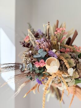 Hydrangea Pastel Bouquet With Eucalyptus Bark Sticks And Protea, 2 of 7