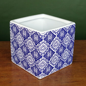 Ceramic Cube Planter Blue Print Plant Pot, 2 of 2