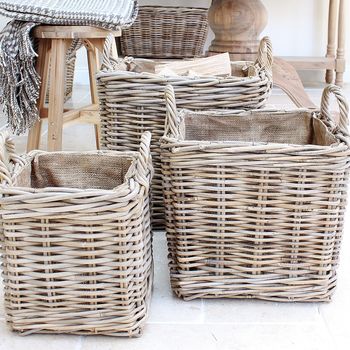 Red Hamper Wicker Round Grey Hessian Lined Log Basket