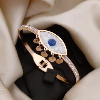 Evil Eye White Sequin 18ct Plated Gold Arm Bangle, 4 of 5