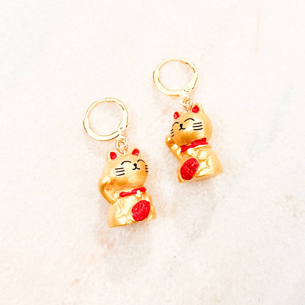 Lucky Maneki Neko Cat Huggie Earrings