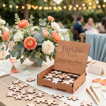 Wooden Jigsaw Photo Drawing Alternative Wedding Guest Book, 11 of 12