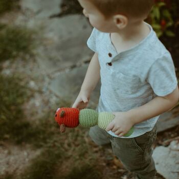 Handmade Caterpillar Rattle Green Fair Trade Toy, 2 of 4