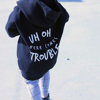 Uh Oh Here Comes Trouble Unisex Kids Zipped Hoodie, 4 of 10