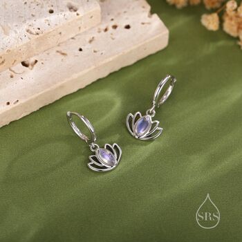 Sterling Silver Lotus Flower Huggie Hoop Earrings With Lab Moonstone, 2 of 11