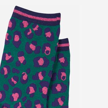 Women's Leopard Print Bamboo Socks Green Pink, 3 of 3