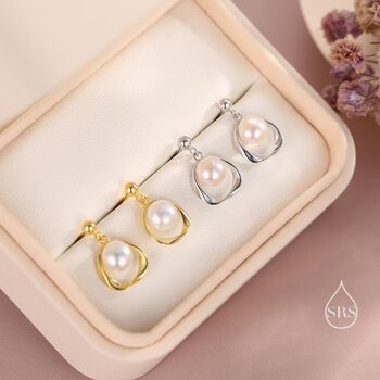 Sterling Silver Genuine Freshwater Pearl And Mobius Circle Dangle Drop Earrings, 5 of 12