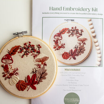 Autumn Wreath With Pumpkins And Mushrooms, Beginner Embroidery Kit, Hand Embroidery Gift, 4 of 5