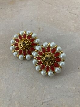 Red Flower Kundan And Meenakari Stud Earrings, 2 of 3