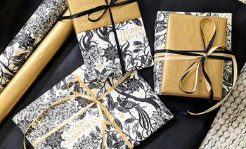 Christmas Botanical Luxe Gift Wrap Black Gold And Ivory, 6 of 12
