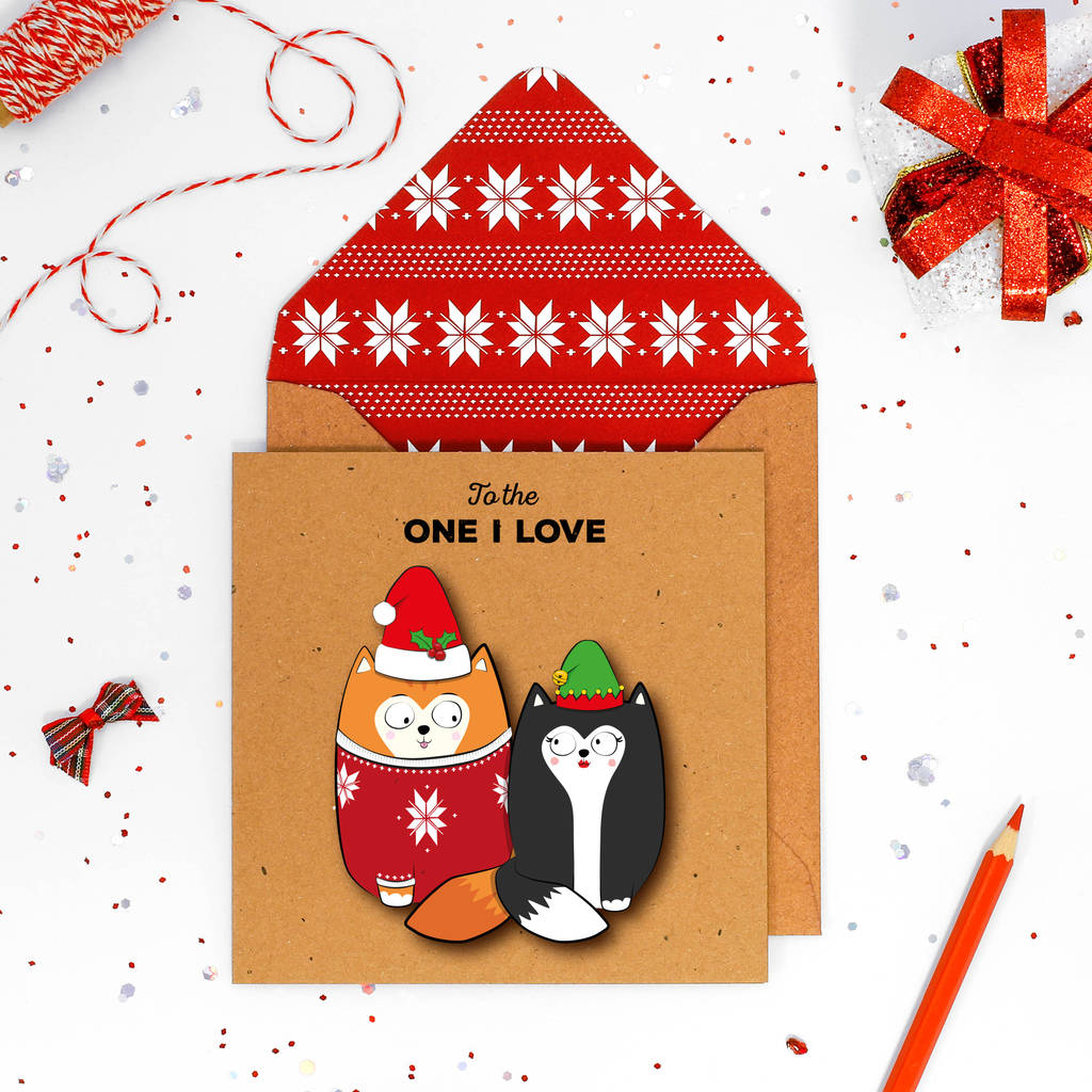 Handmade Christmas Cat Couple Personalised Card Pack