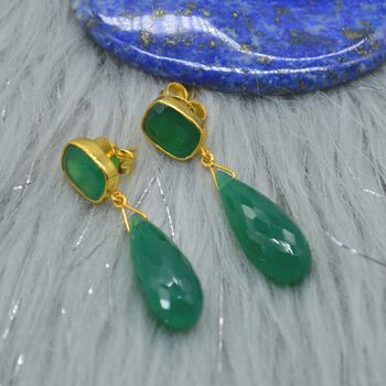 Green Onyx Gold Plated Sterling Silver Drop Earrings, 3 of 9