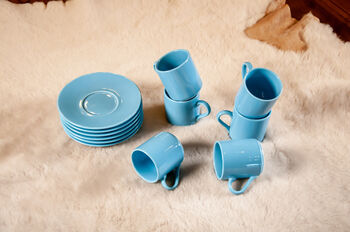 Set Of Six Porcelain Espresso Cup And Saucer Blue, 4 of 8
