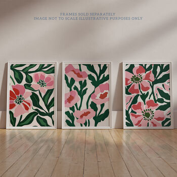 Set Three Wall Art Prints Pink Poppy Retro Boho, 6 of 7