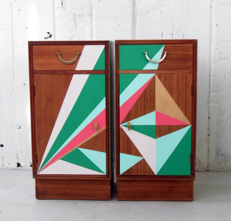 Mid Century Geometric Painted Bedside Cabinets, 1 of 4