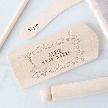 Personalised Dinosaur Kids Wooden Baking Set, 2 of 7