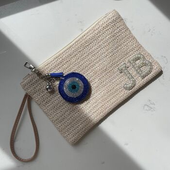 Personalised Straw Patch Turkish Eye Pouch Wristlet Clutch Bag, 2 of 6