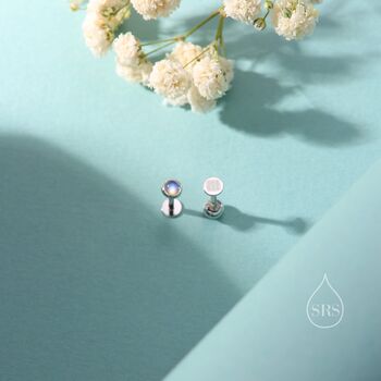 Sterling Silver Tiny Moonstone Internally Threaded Earrings, 2 of 12