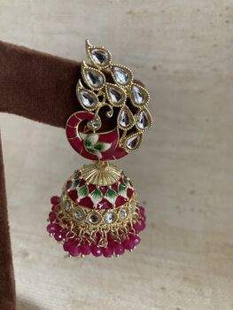 Statement Peacock Hot Pink Indian Earrings, 2 of 3