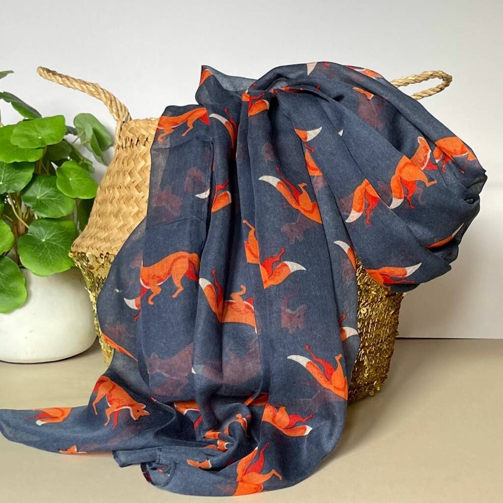 Foxes Print Scarf In Navy Blue, 1 of 3