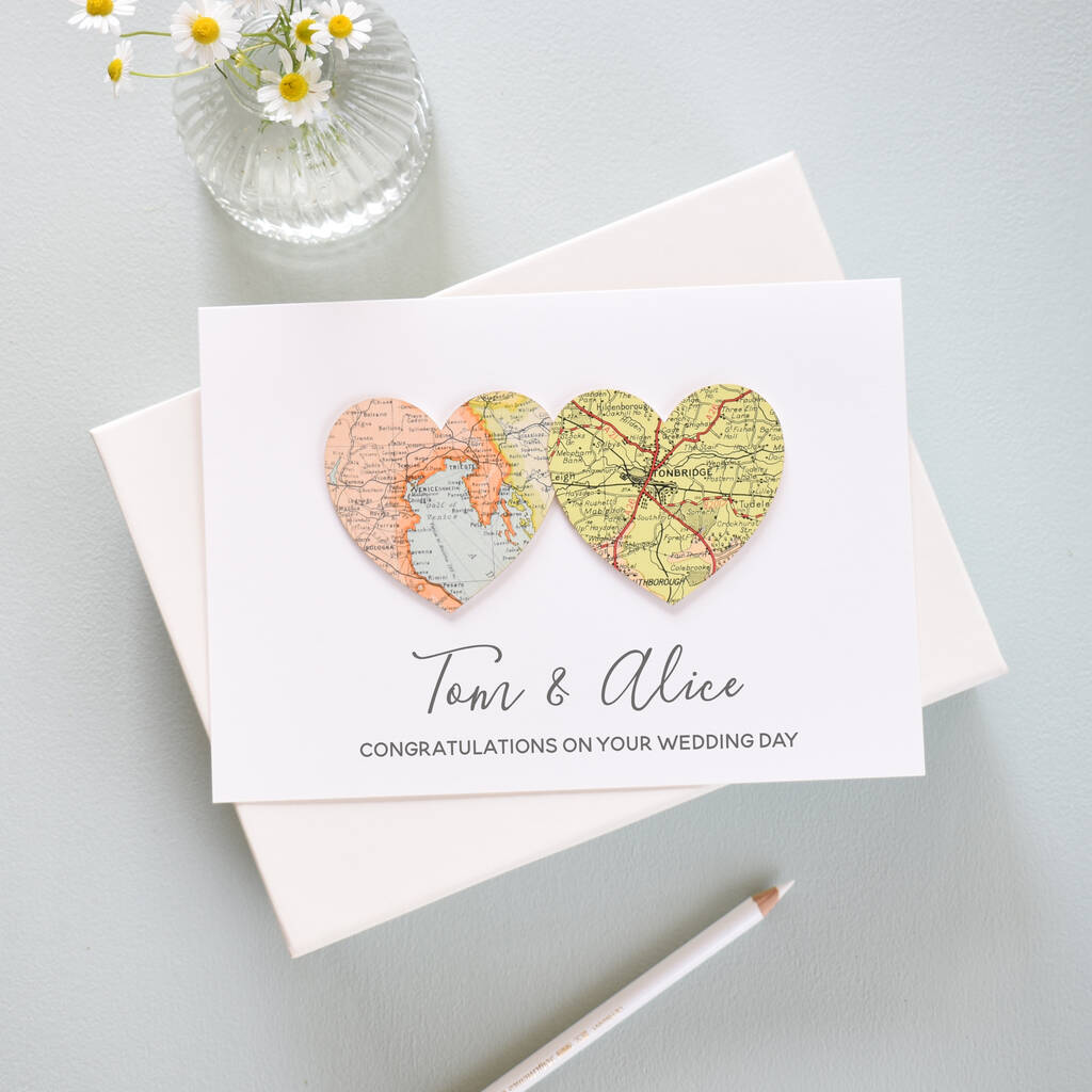 Personalised Map Hearts Wedding Anniversary Card, 1 of 7