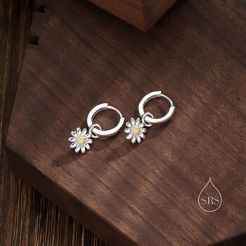 Daisy Flower Charmed Hoop Earrings In Sterling Silver, 6 of 9