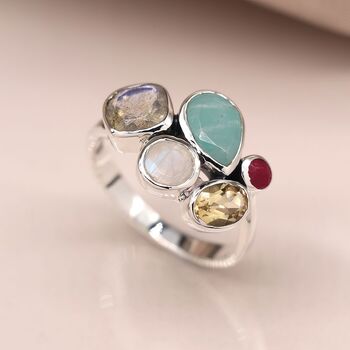 Sterling Silver Faceted Multi Gemstone Ring, 3 of 8