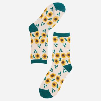 Women's Bamboo Socks Cream Green Sunflowers, 2 of 2