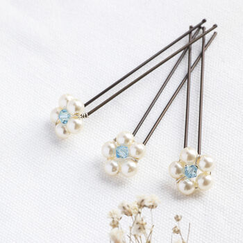 Set Of Three Something Blue Pearl Flower Hairpins, 5 of 6