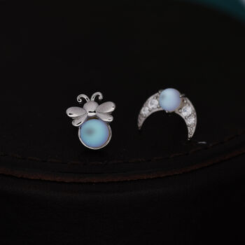 Sterling Silver Mismatched Firefly And Moon Stud Earrings, 2 of 12