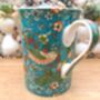 Set Of Six Straight Mugs In Teal Strawberry Thief Design, thumbnail 5 of 10
