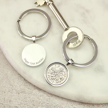Personalised 70th Birthday Sixpence Coin Keyring, 6 of 7