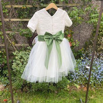 Lace Pearl Button Back With A Bow Sash Flower Girl Dress, 3 of 11