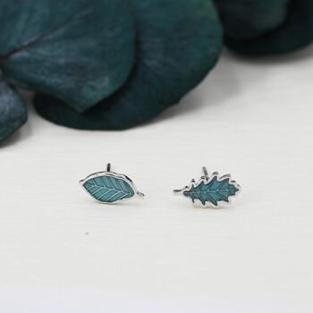 Mismatched Enamel Oak And Beech Leaf Stud Earrings In Sterling Silver, 4 of 9